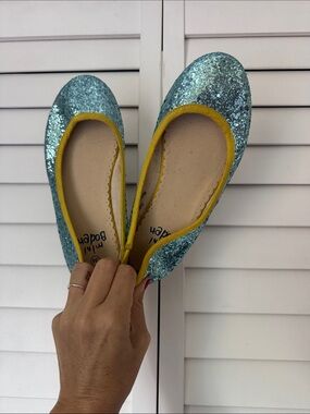 Mini Boden Teal Glitter Flats with Yellow Trim